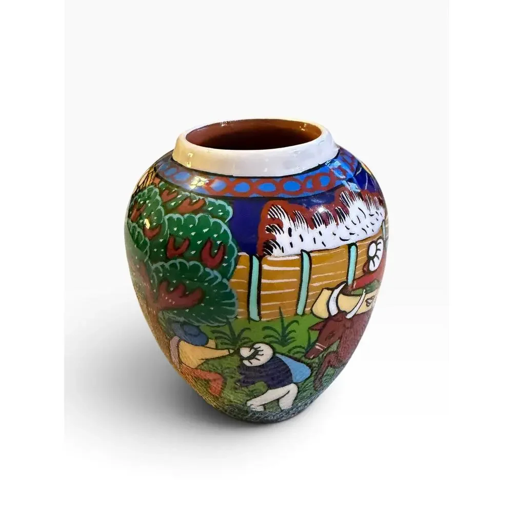 Vtg  Isidoro Mexican Folk Art Clay Pottery Vase Hand Painted Village Storyteller